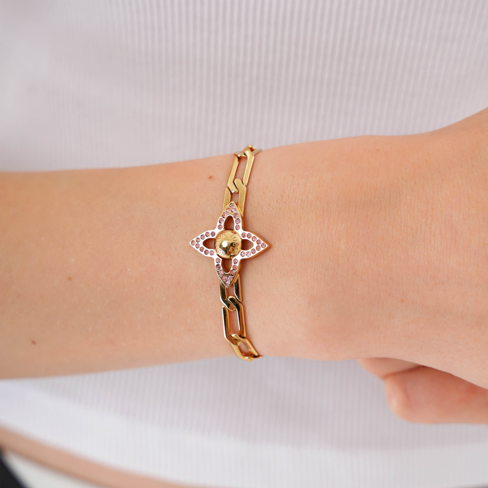 Louis Vuitton - Gold Tone&Pink Crystal Monogram Chain Bracelet